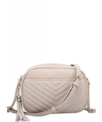 Fashion V Pattern Stitch Tassel Crossbody Bag WU-121 BEIGE